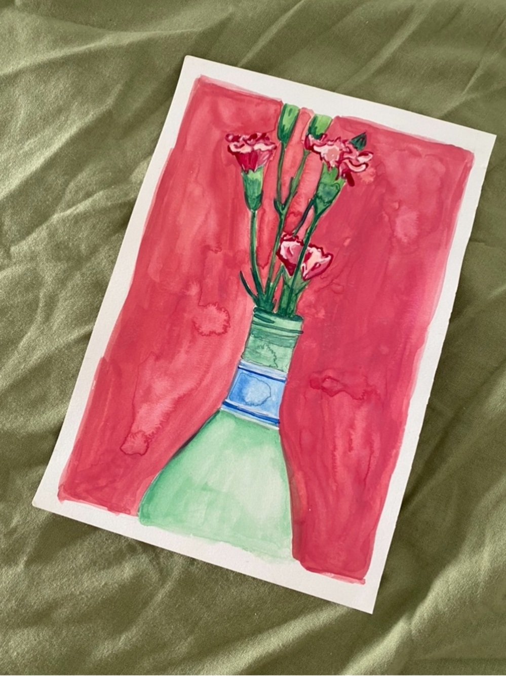 Pink Background Floral Watercolor Print with Green Vase